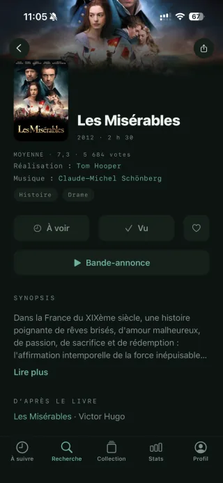 La fiche Les Misérables avec son lien vers le livre de Victor Hugo